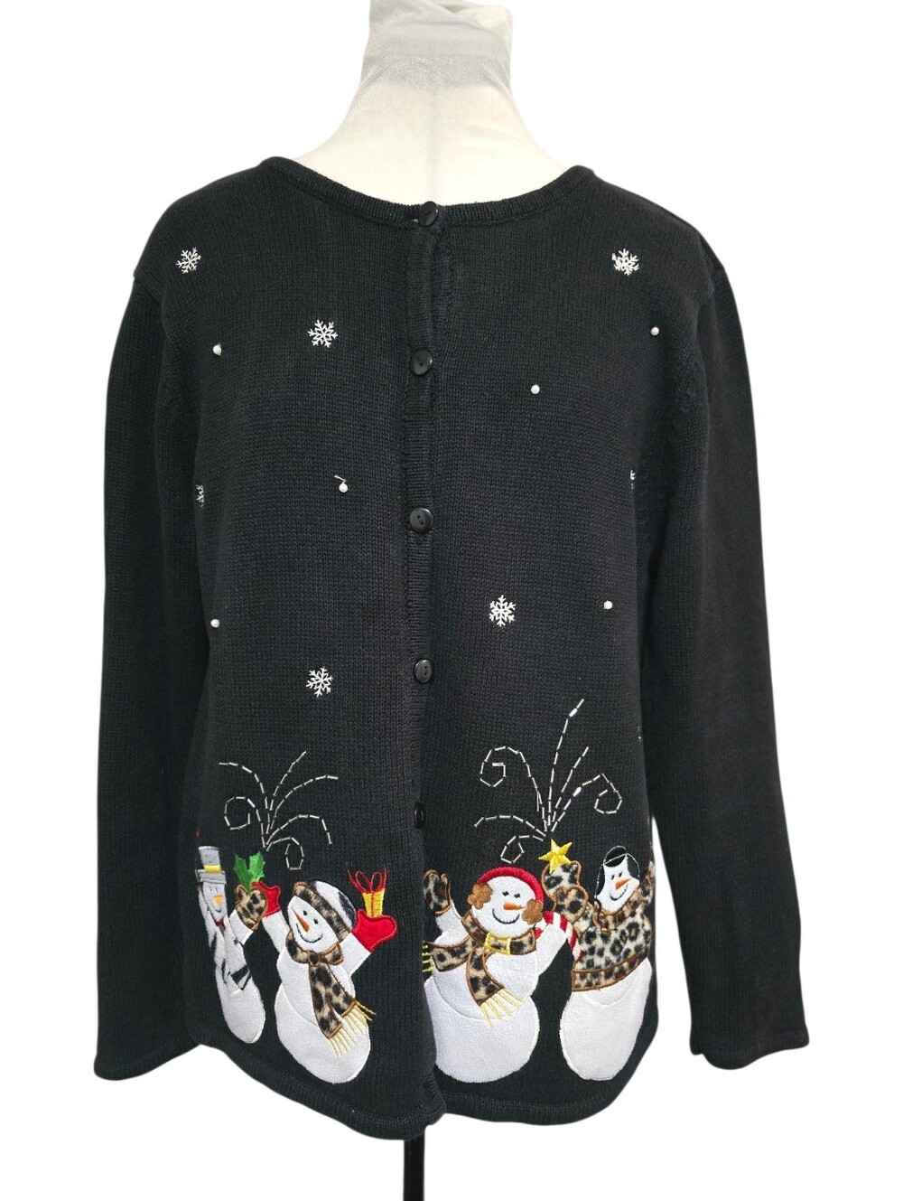Vintage Classic Elements Black Christmas Cardigan Sweater L Petite Snowman Xmas